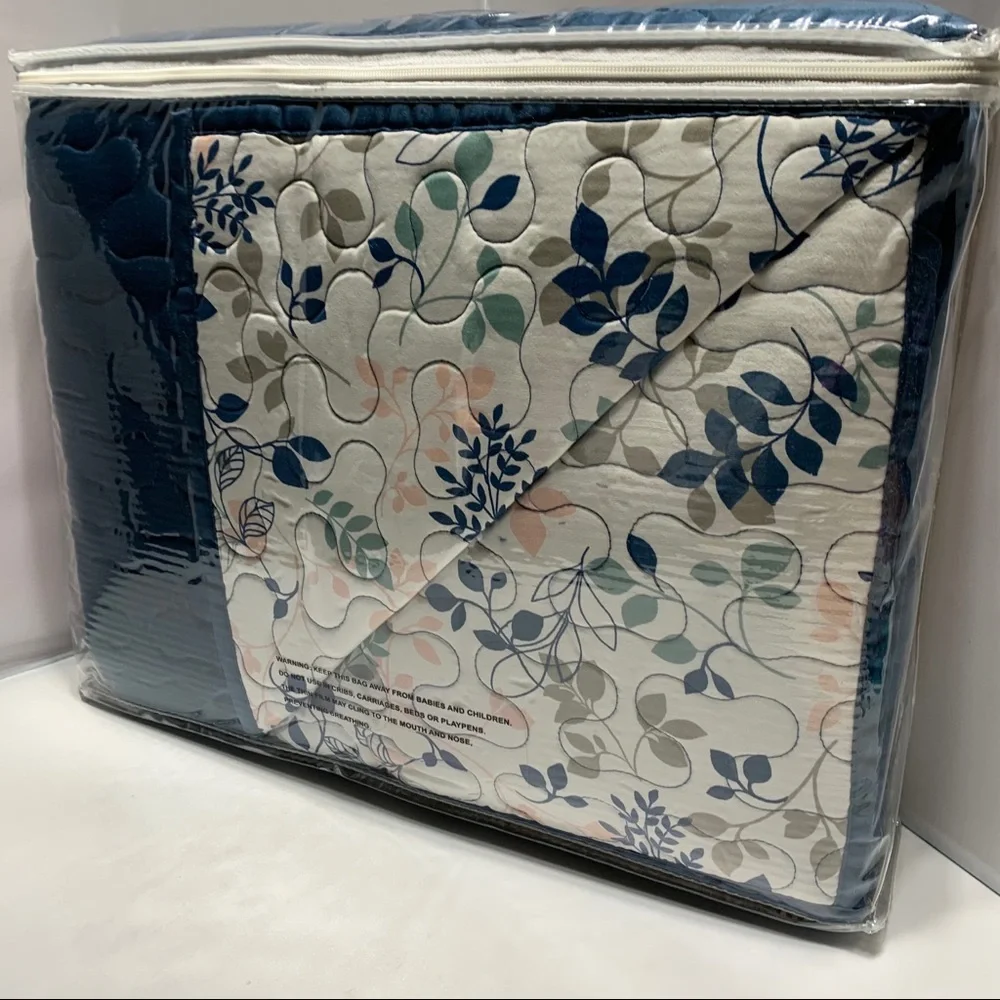 North Shore Living Reversible Quilt Teal Blue & Floral Queen Quilted New